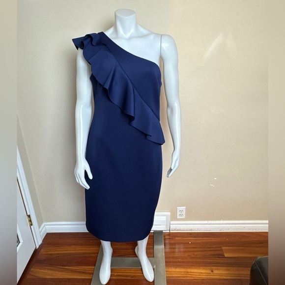 ELIZA J - Navy One Shoulder Ruffle Dress. Side zipper 
Size: 14. - Picture 3 of 8